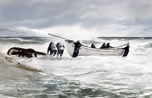 Launching a Surfboat. Painting by Sherman Groenke