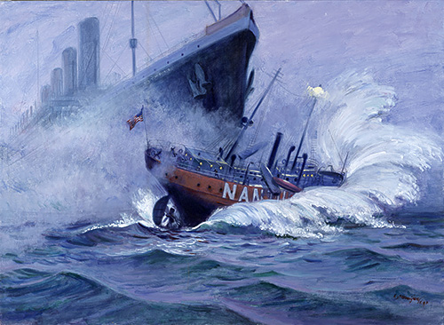 Lightship Nantucket Collision Sunk by RMS Olympic. Painting by artist Charles J. Mazoujian. Courtesy of Gwen Mazoujian and the US Coast Guard.