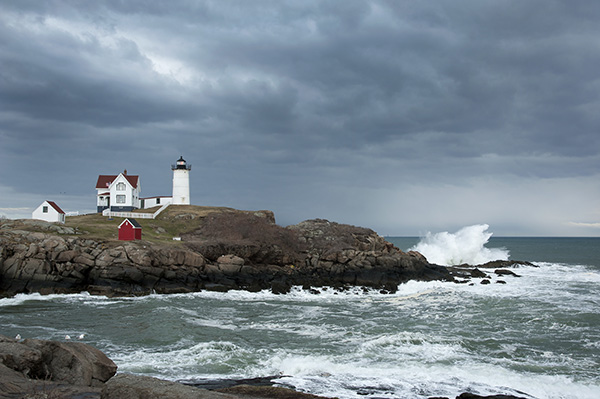 Storm clouds over Nubble lighthouse a few miles from the New Hampshire border.
