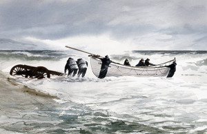 Launching a Surfboat; painting by Sherman Groenke
