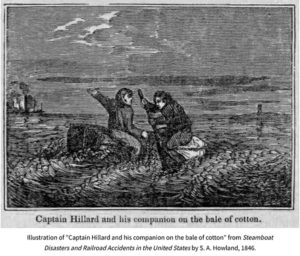 Etching of Captain Hilliard and companion on floating cotton bale.