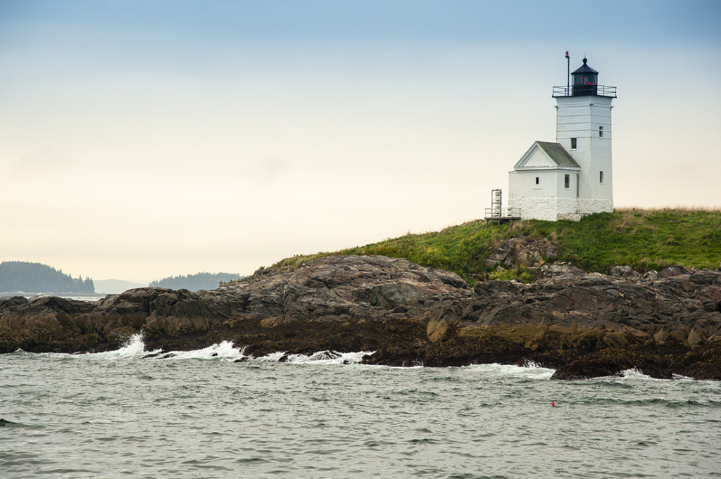 Two Bush Island Light Over Rocky Shore in Midcoast Maine