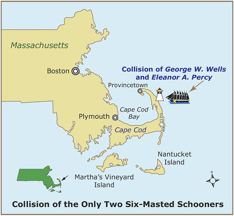 Illustrative map of location of collision off Cape Cod in Massachusetts. © Allan Wood
