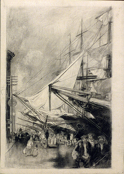Prows of sailing ships extending over a wharf. Thomas Fogarty artist.