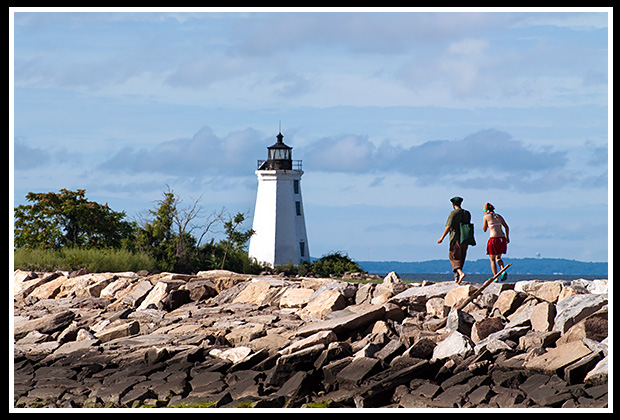 hiking along jetty to Black Rock Harbor light