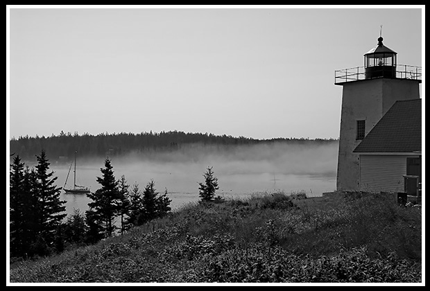 early morning with fog by Burnt Coat harbor light tower