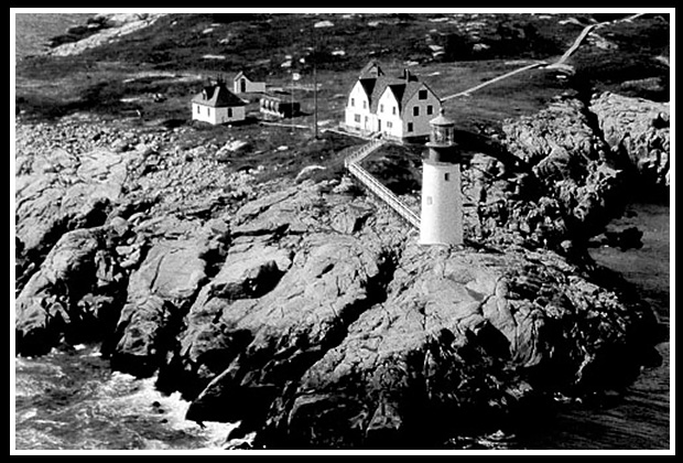 early ariel view of Moose Peak lighthouse with buildings