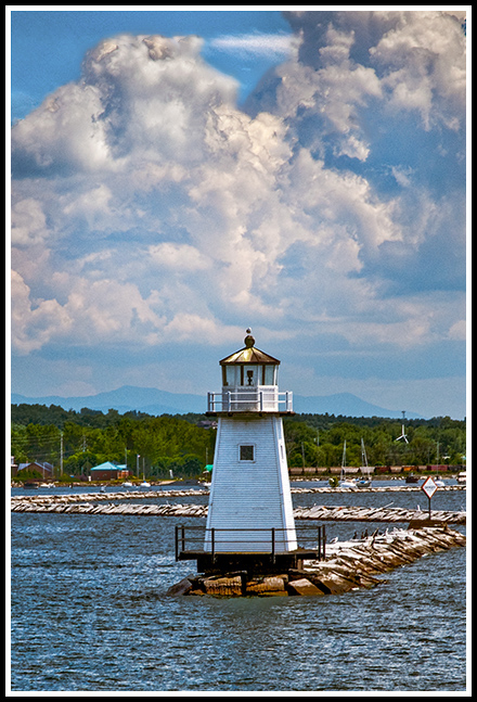 water view of Burlington breakwater North light