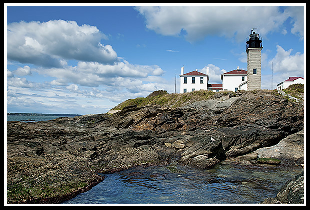 Beavertail light sits atop unique rock formations